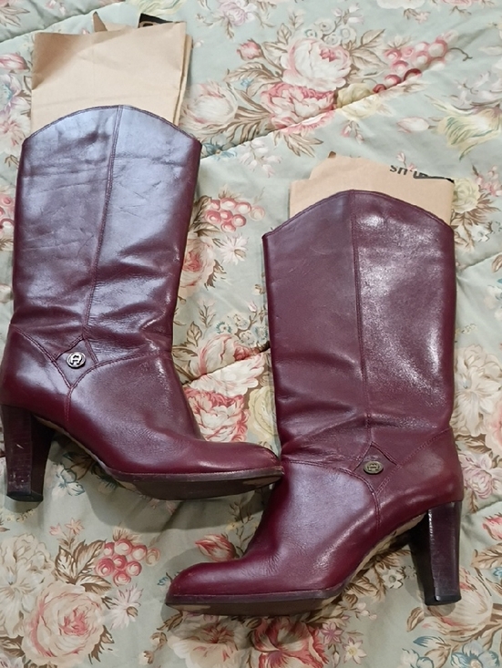 Etienne Aigner Shoes - Aigner Burgundy Leather Mid-Calf Heeled Boots Size 7